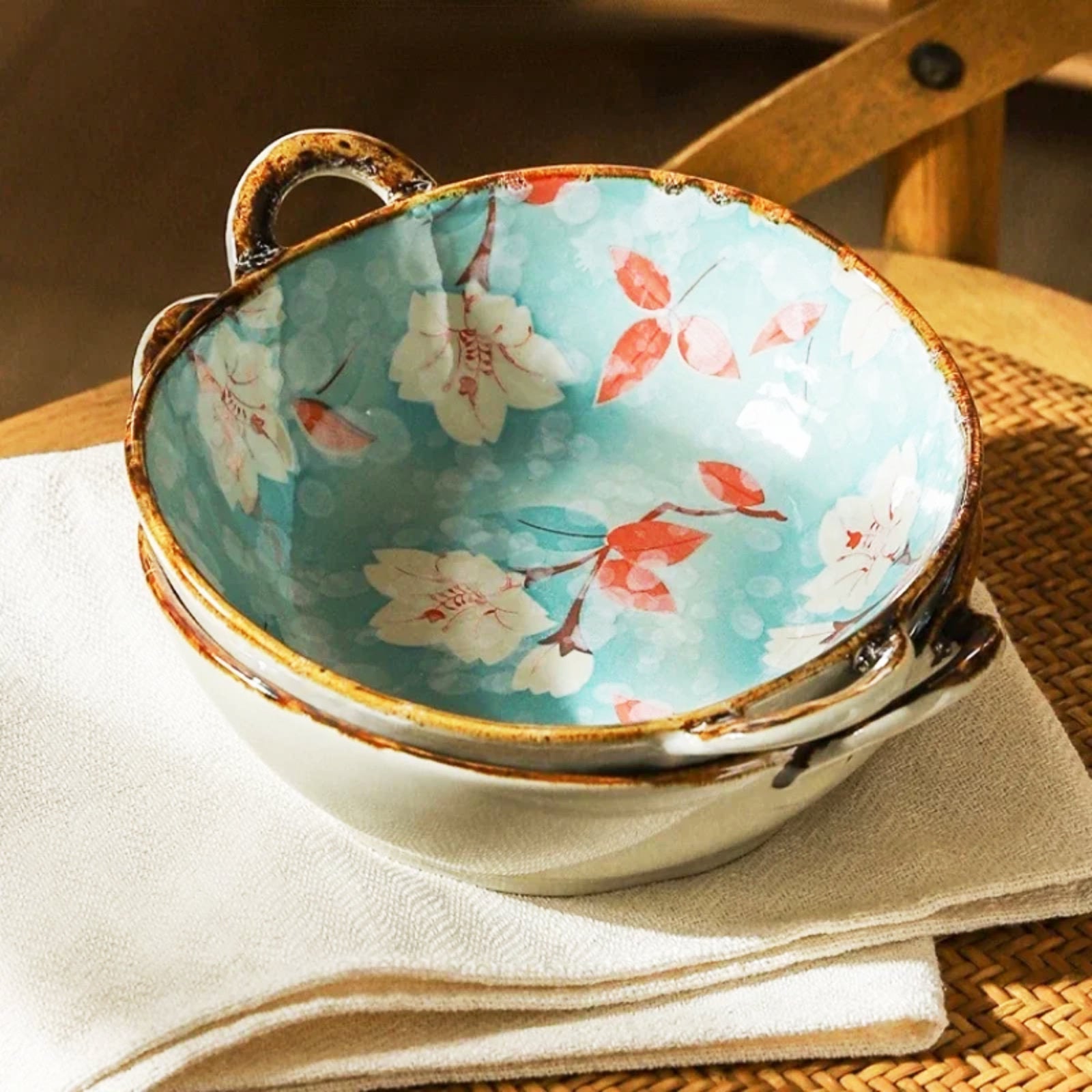 Artisan Ceramic Bowls with Handles and Elegant Floral or Geometric Accents