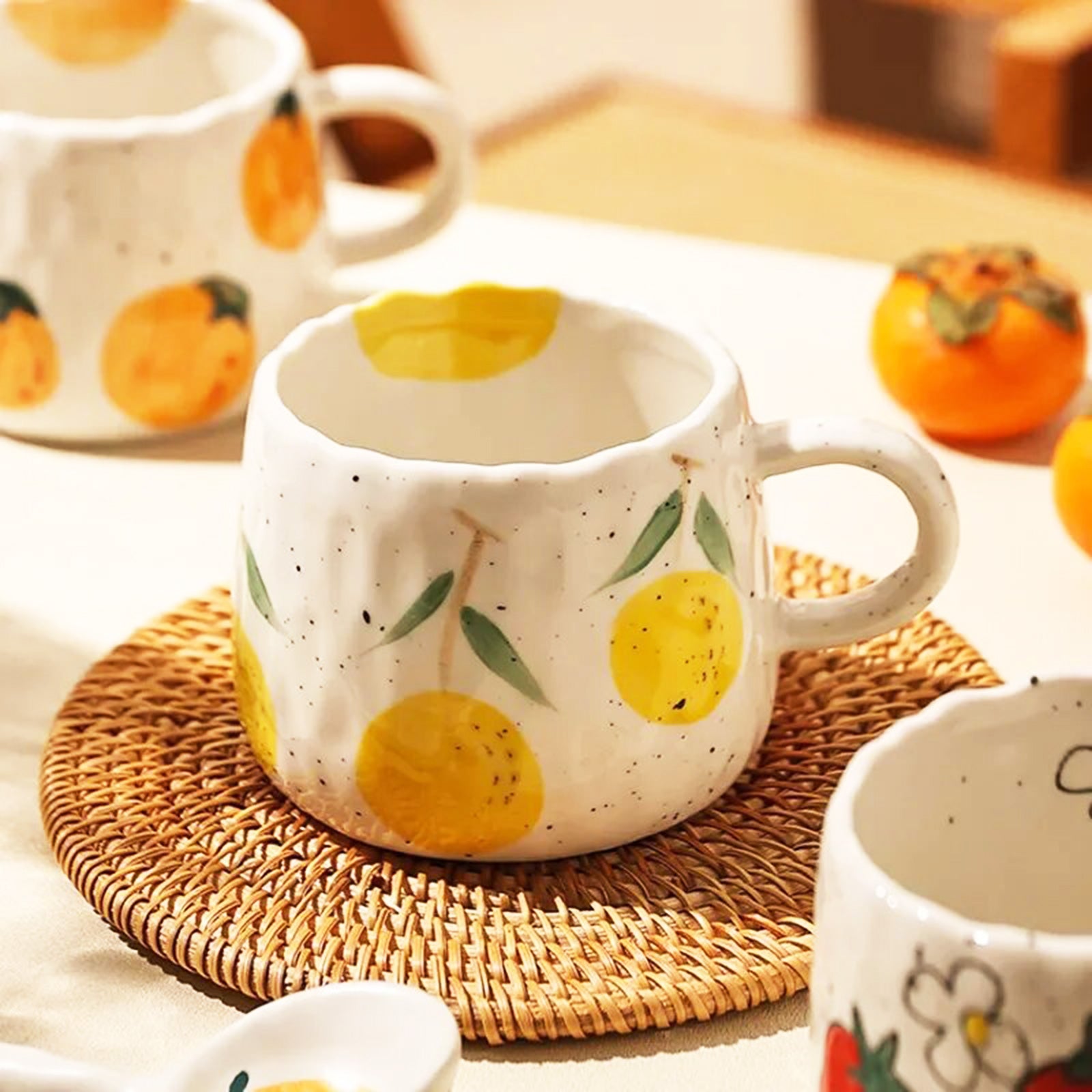 Beautiful Retro Fruit Mugs With Hand-Kneaded Look