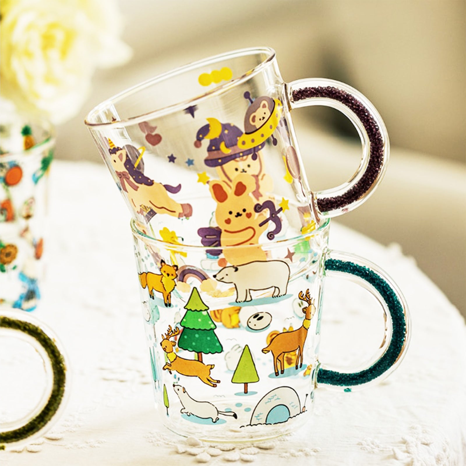 Cartoon Magic Unleashed: Glass Mugs Featuring Quirky Decals