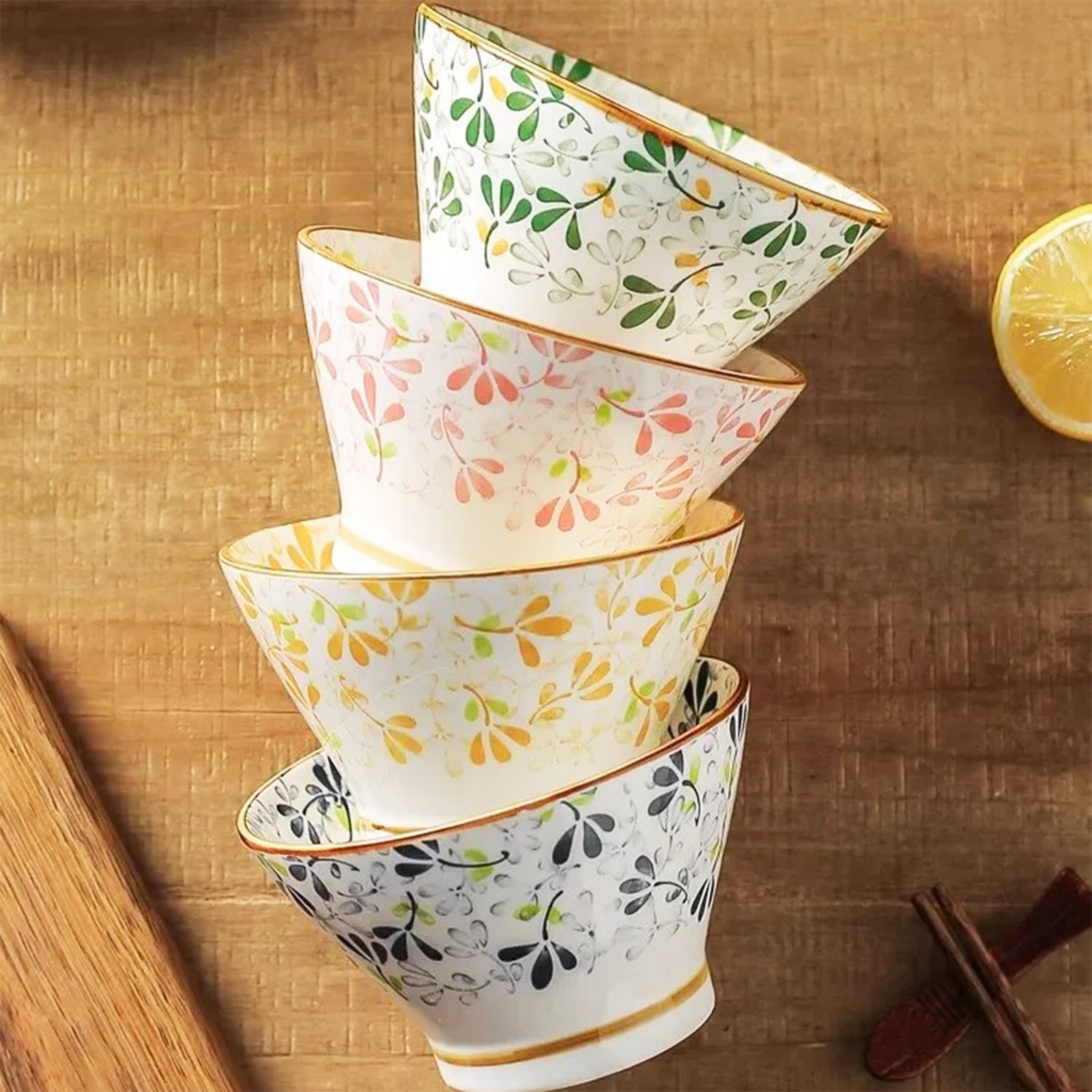 Charming Retro Bowls with Dish and Floral Designs in Four Vibrant Colors