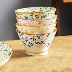 Charming Retro Bowls with Dish and Floral Designs in Four Vibrant Colors