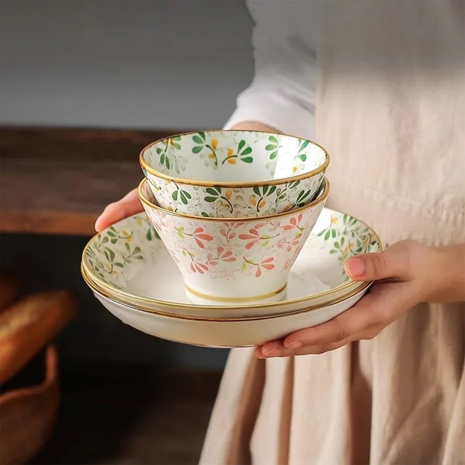 Charming Retro Bowls with Dish and Floral Designs in Four Vibrant Colors