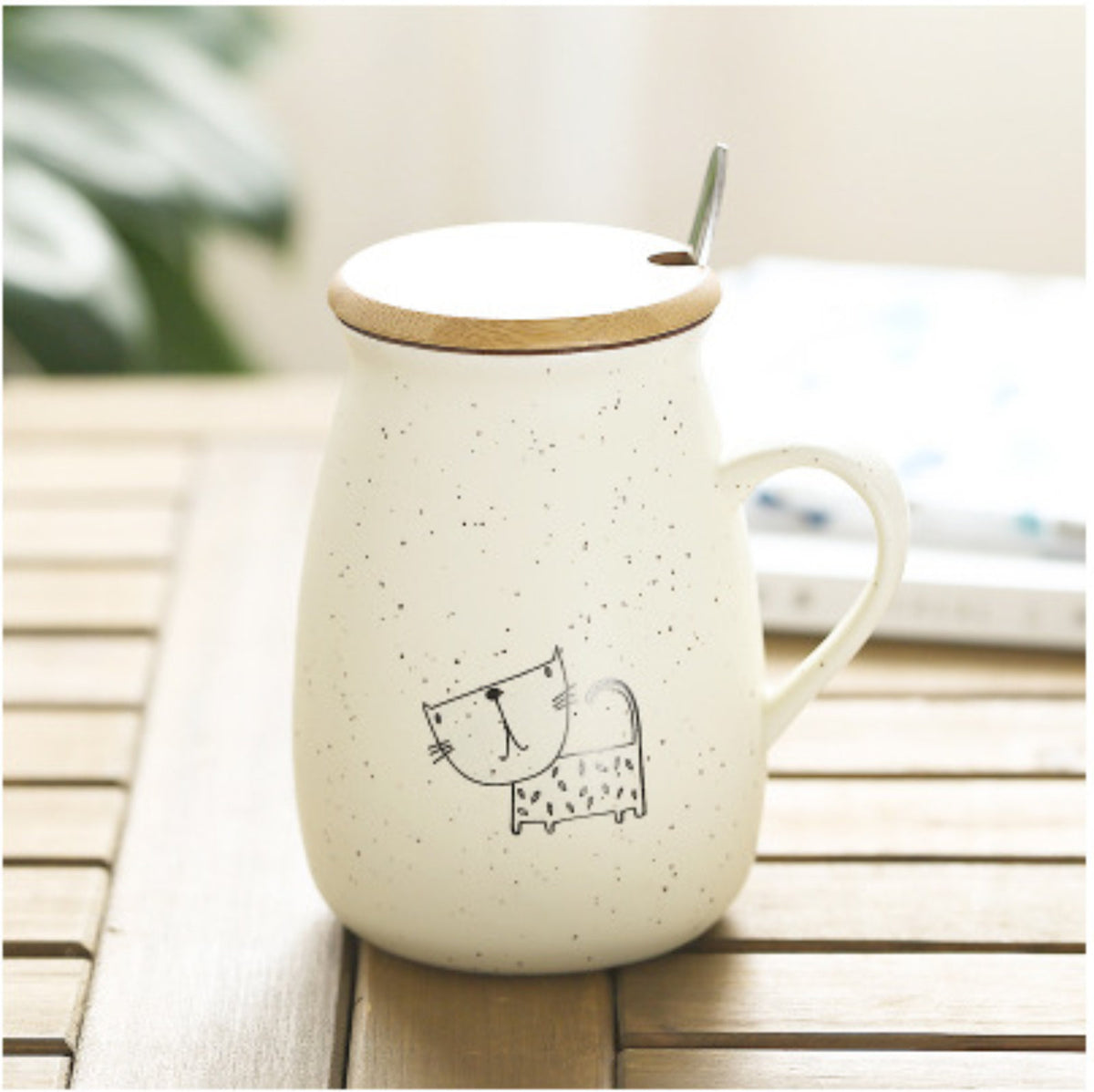 Cute Cat-Themed Retro Mug with Milk Bottle Shape and Wooden Cover