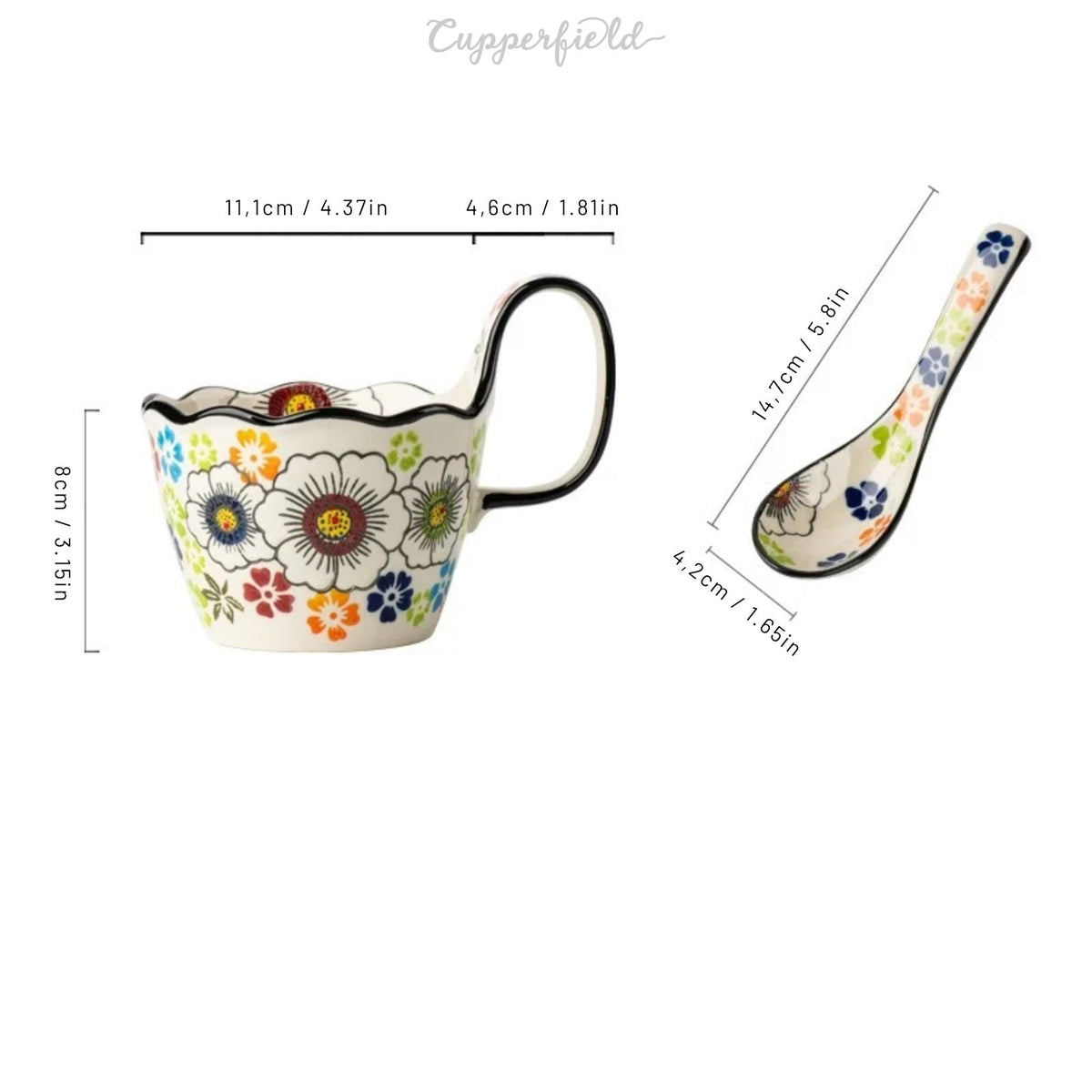 Delightful Flower Mugs with Particularly Large Handle and Spoon