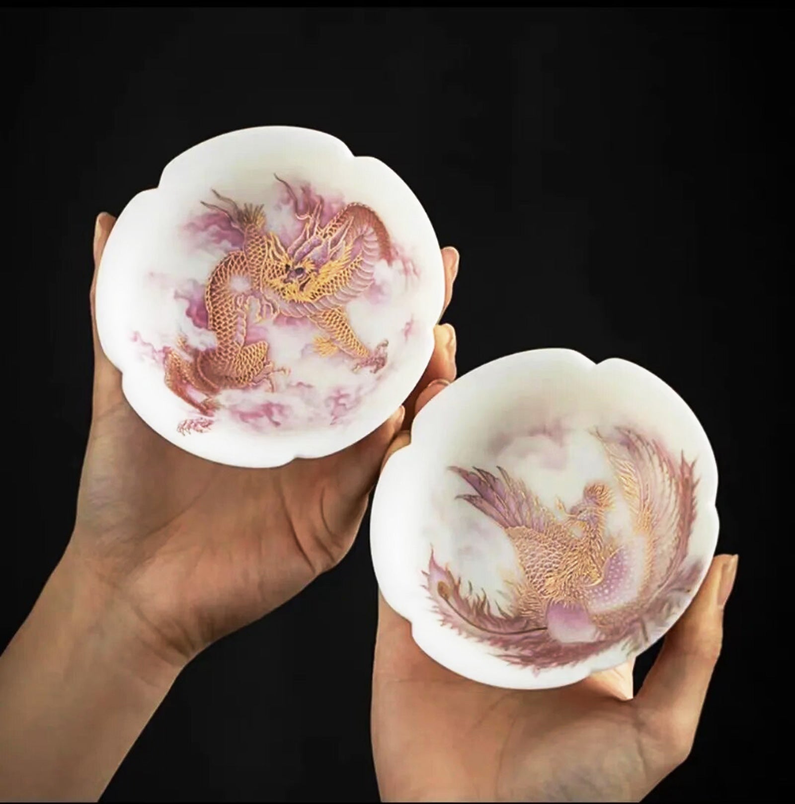 Deluxe Dragon and Phoenix Wide Tea Cups Made From Jade Porcelain