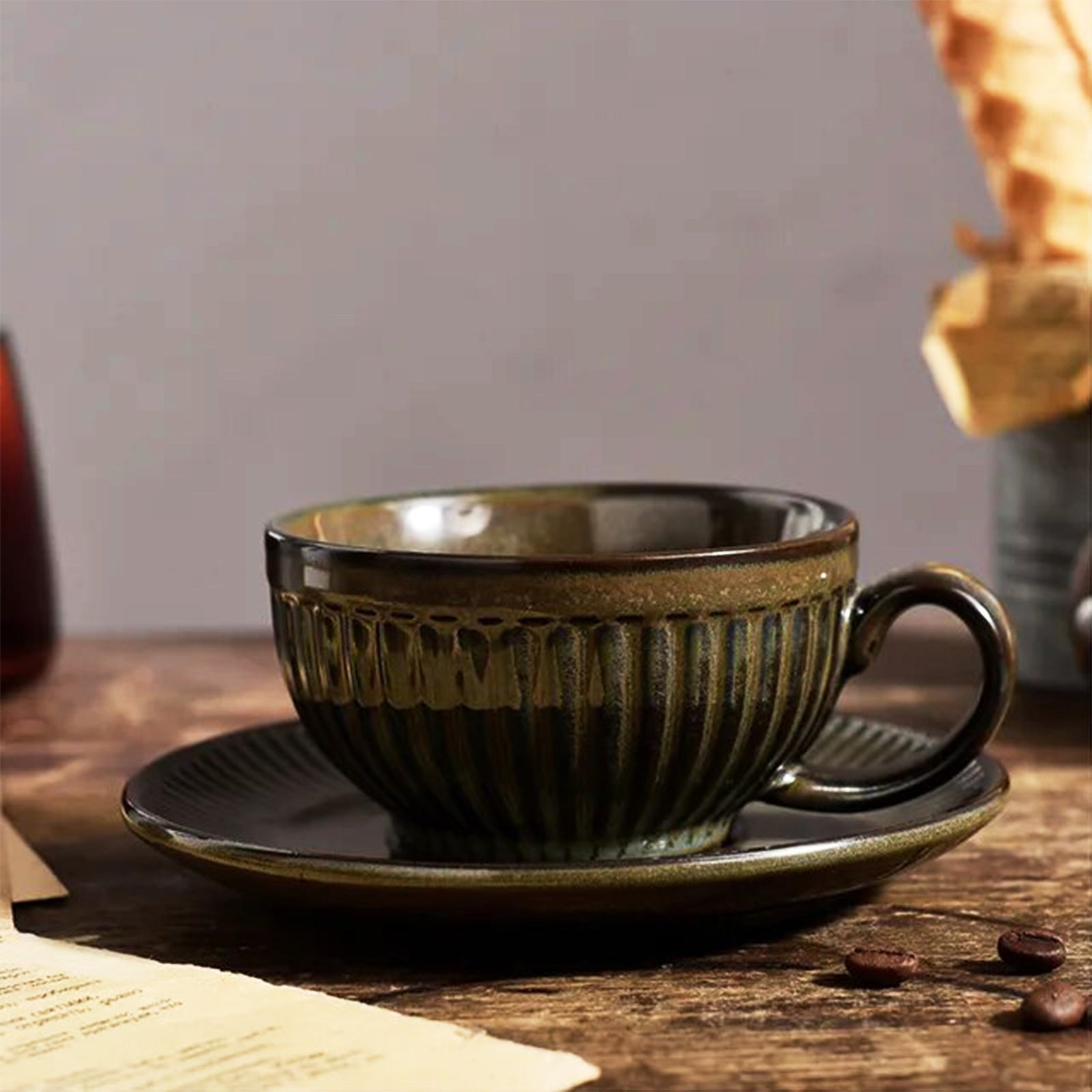 Elegant Striped Retro Coffee Cups With Matching Saucer (4 colors)