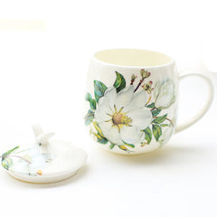 Graceful Bone China Mug with Lid and Vintage Floral Design