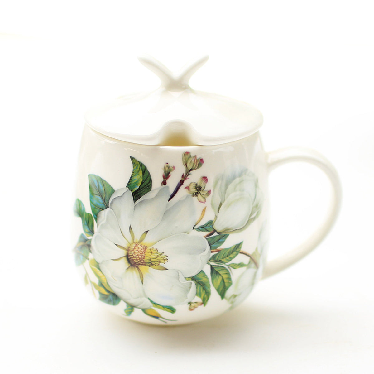 Graceful Bone China Mug with Lid and Vintage Floral Design