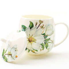 Graceful Bone China Mug with Lid and Vintage Floral Design