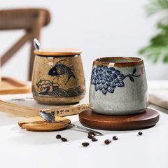 Ceramic Coffee Mug With Lid - Japanese-Inspired Retro Charm