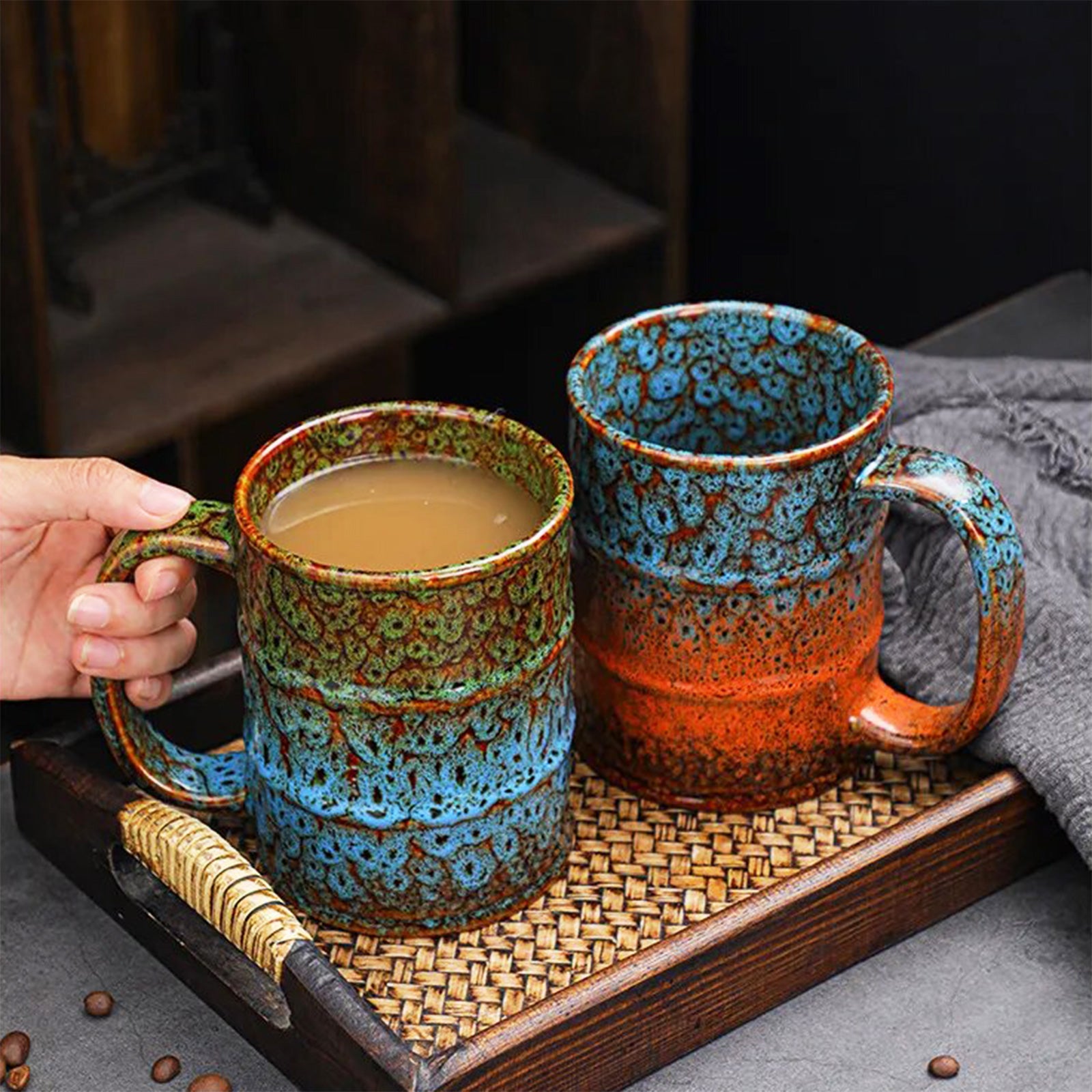 Large Barrel-Shaped Mugs with Oversized Four-Finger Handles for Coffee Lovers