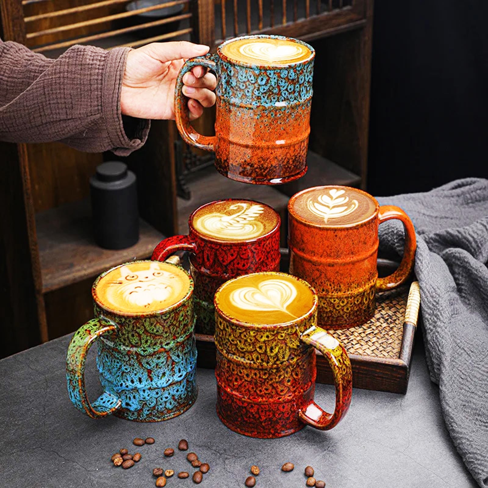 Large Barrel-Shaped Mugs with Oversized Four-Finger Handles for Coffee Lovers