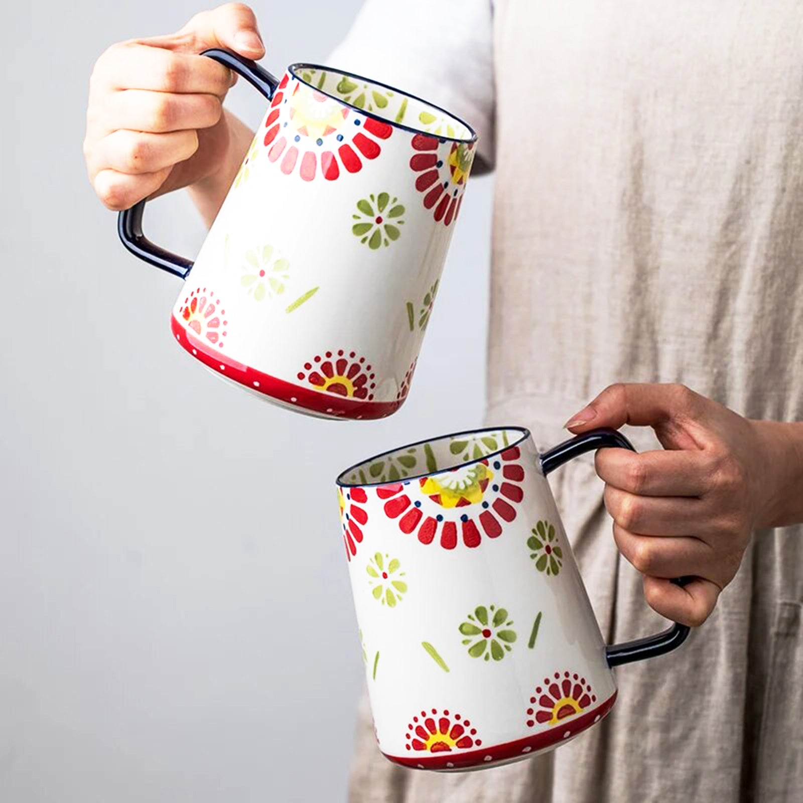 Large Floral Mugs with Four-Finger Handles for Your Best Mornings