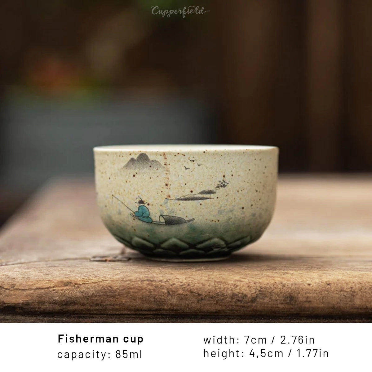 Lotus Tea Cups Adorned with Crane or Fishermen Motif