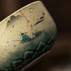 Lotus Tea Cups Adorned with Crane or Fishermen Motif