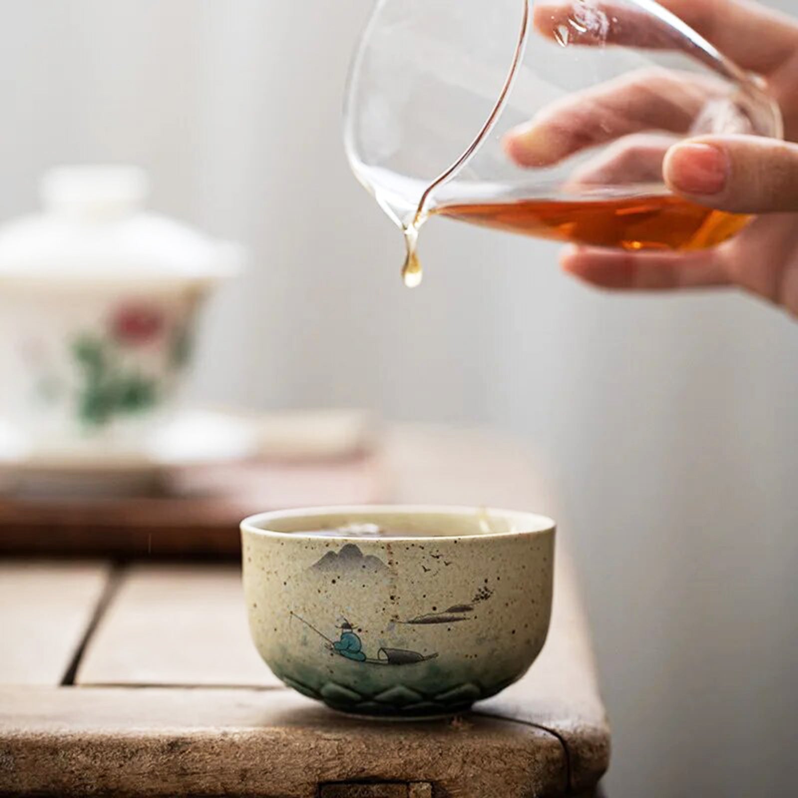 Lotus Tea Cups Adorned with Crane or Fishermen Motif