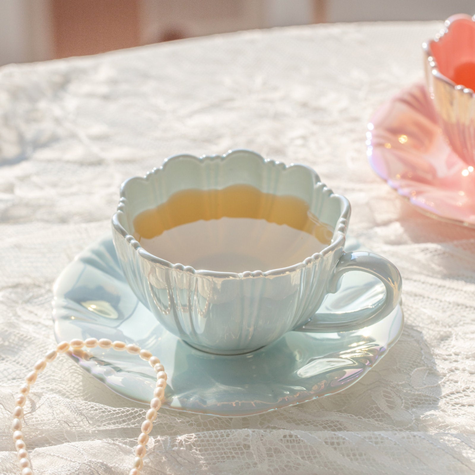 Lustrous Pearl Colored Tea Cups with Saucers