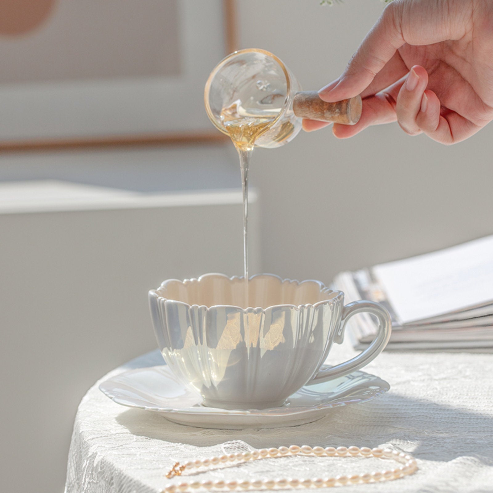 Lustrous Pearl Colored Tea Cups with Saucers