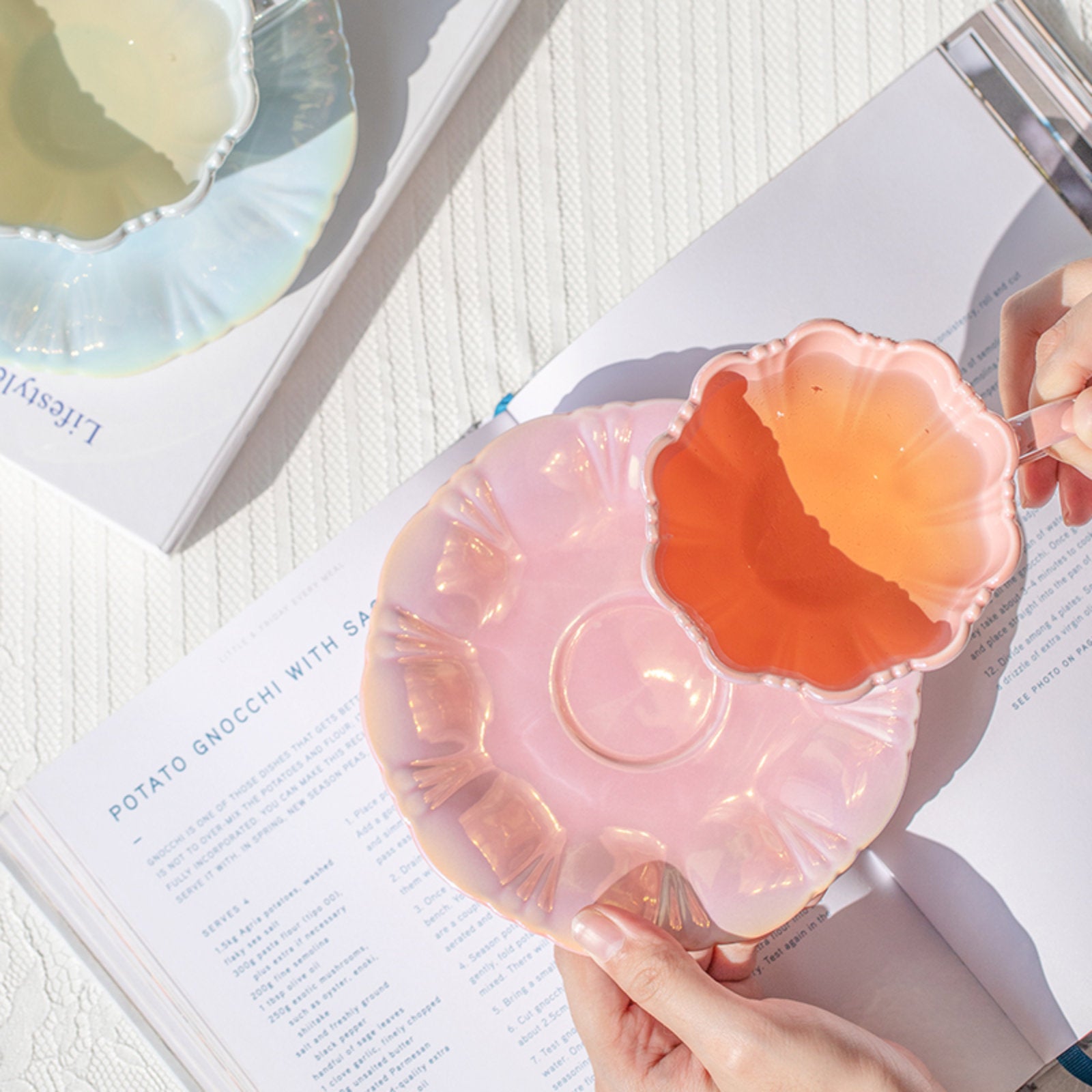 Lustrous Pearl Colored Tea Cups with Saucers