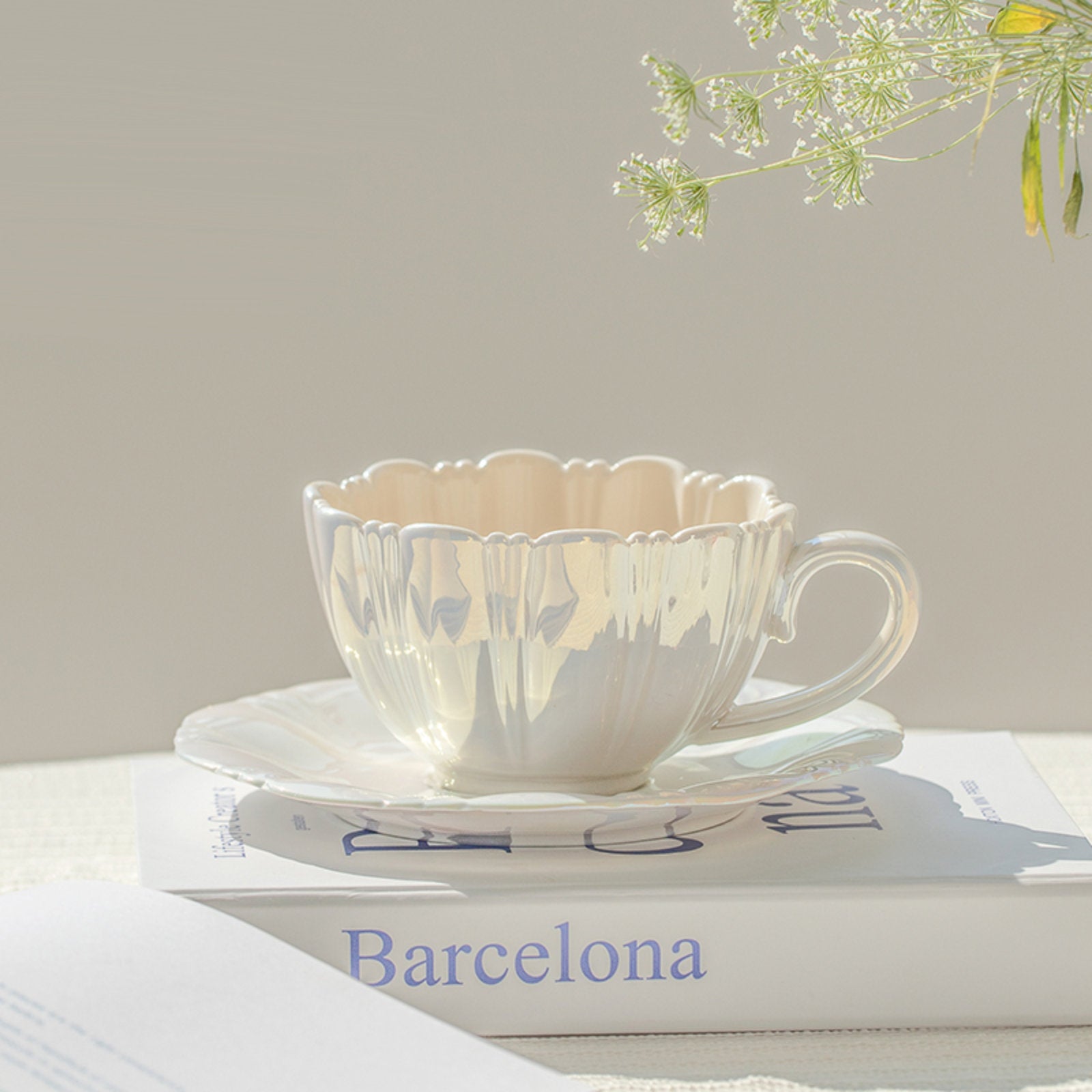 Lustrous Pearl Colored Tea Cups with Saucers