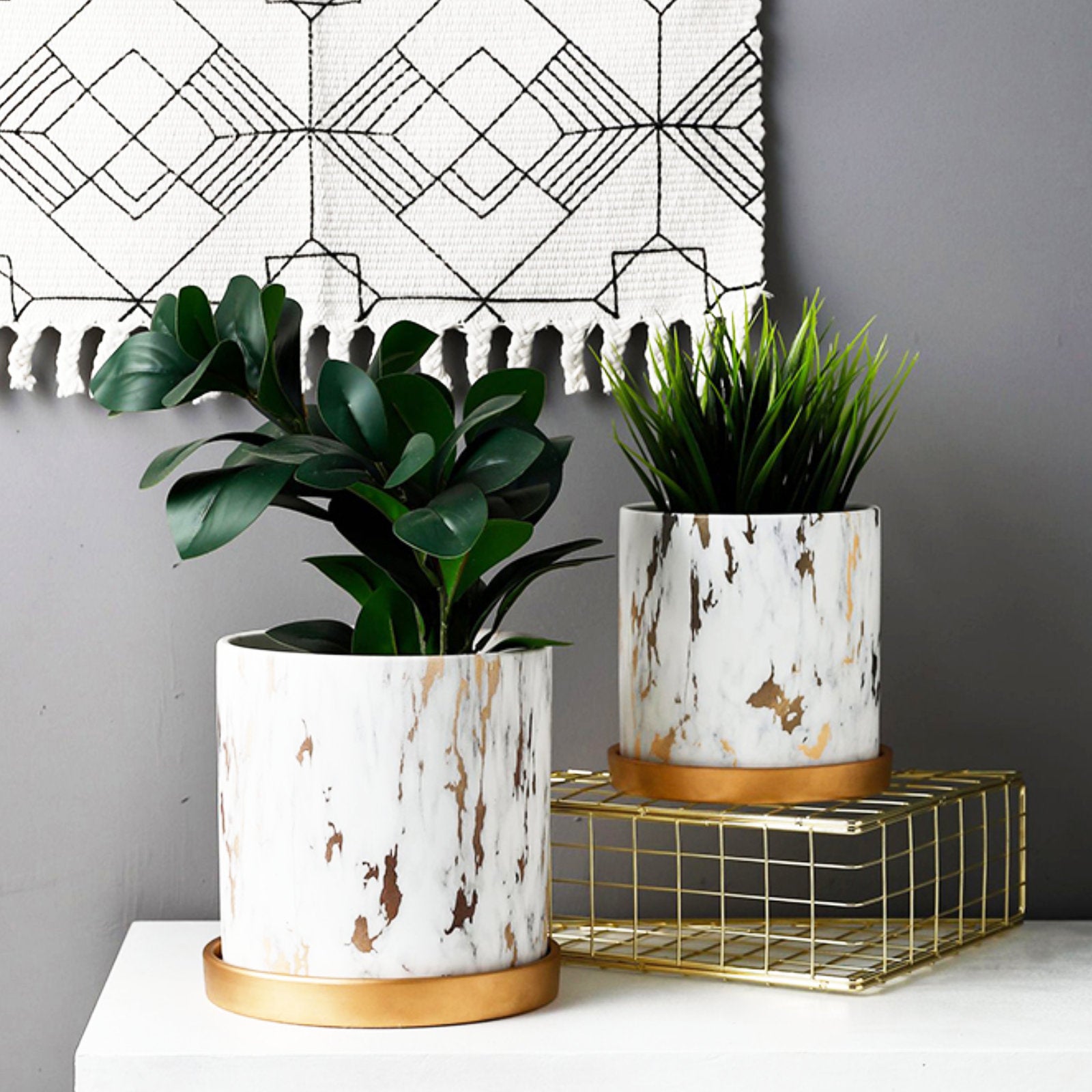 Luxurious Marble-Style Flower Pots with Golden Tray