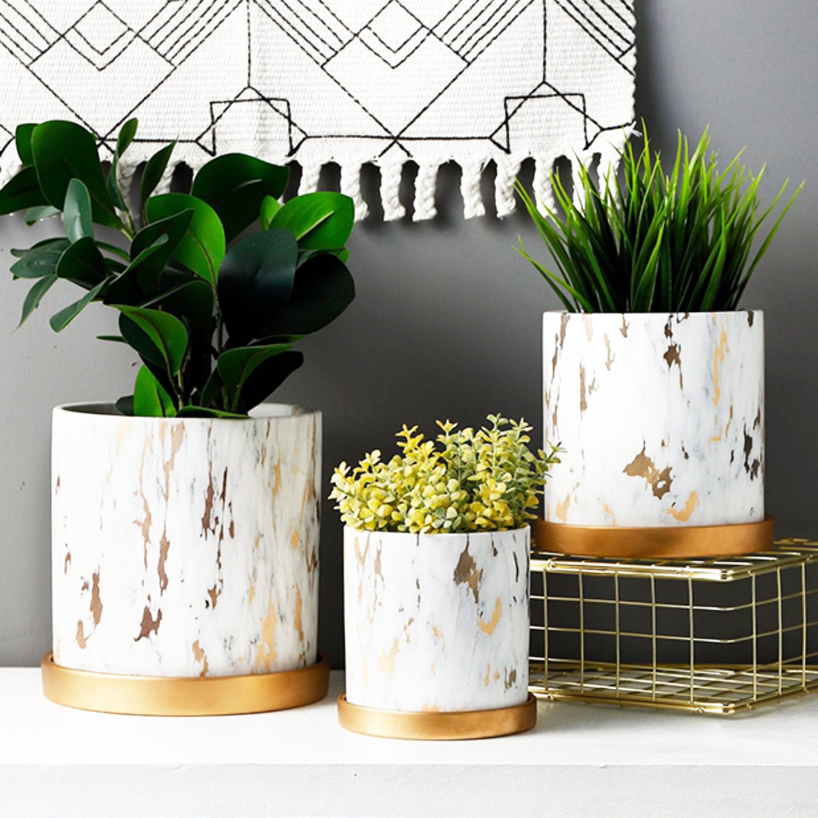 Luxurious Marble-Style Flower Pots with Golden Tray