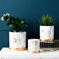 Luxurious Marble-Style Flower Pots with Golden Tray