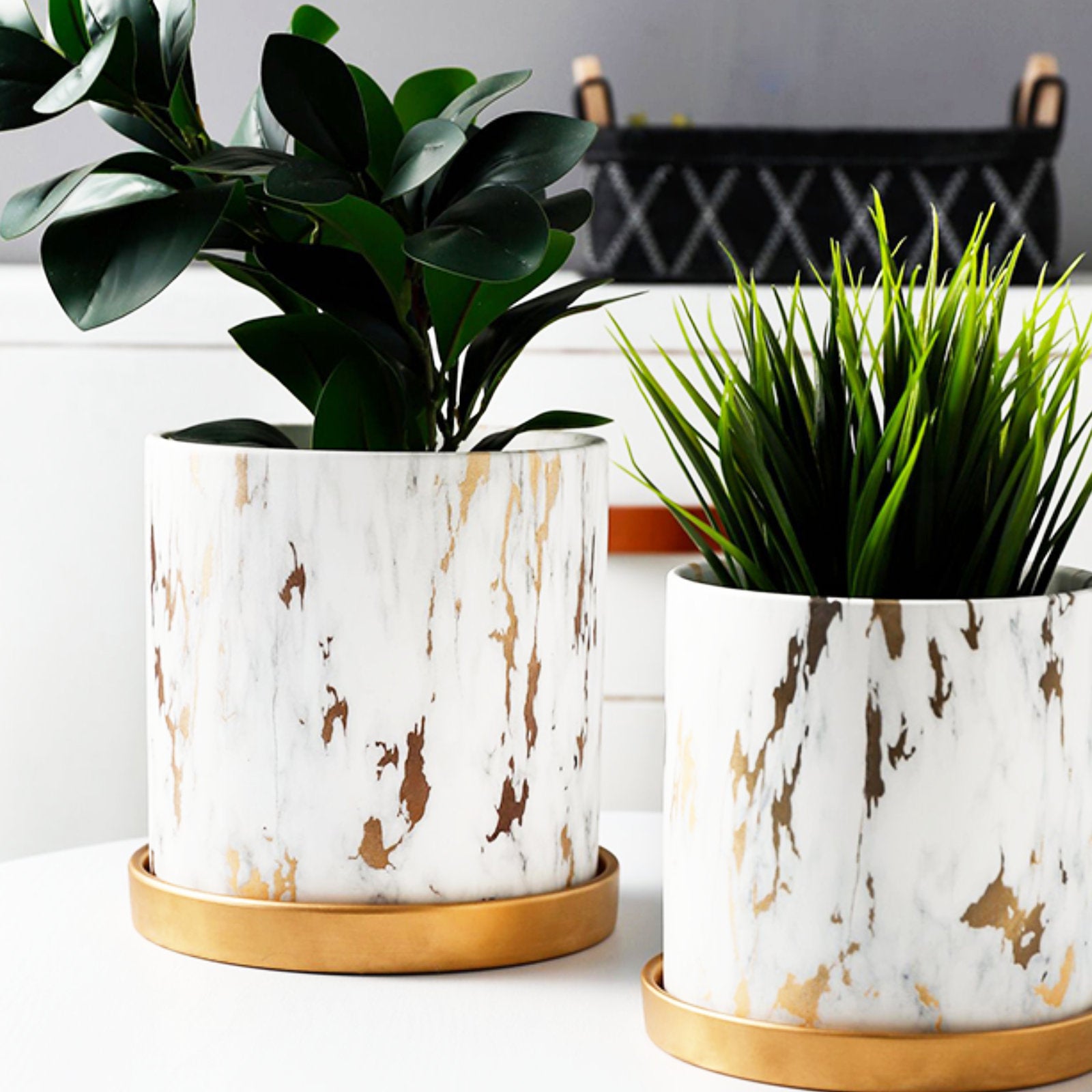 Luxurious Marble-Style Flower Pots with Golden Tray