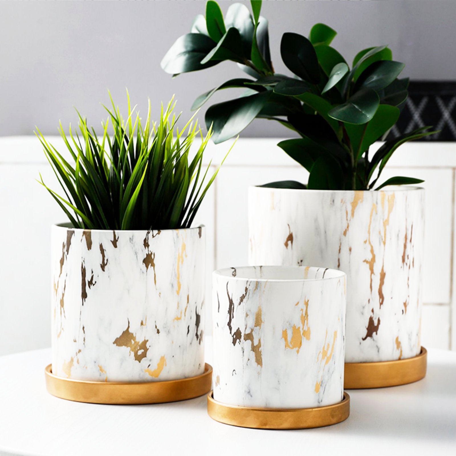 Luxurious Marble-Style Flower Pots with Golden Tray