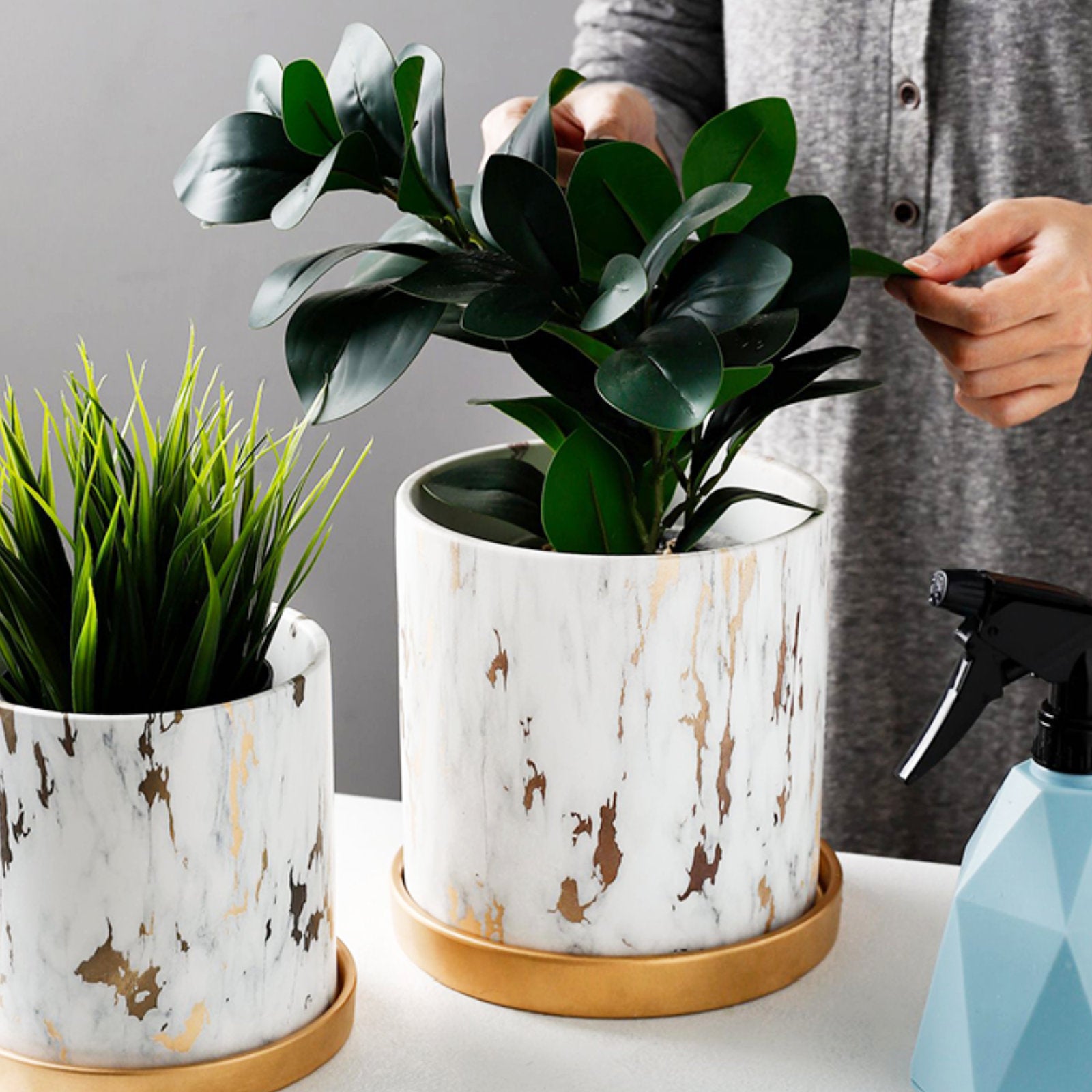 Luxurious Marble-Style Flower Pots with Golden Tray