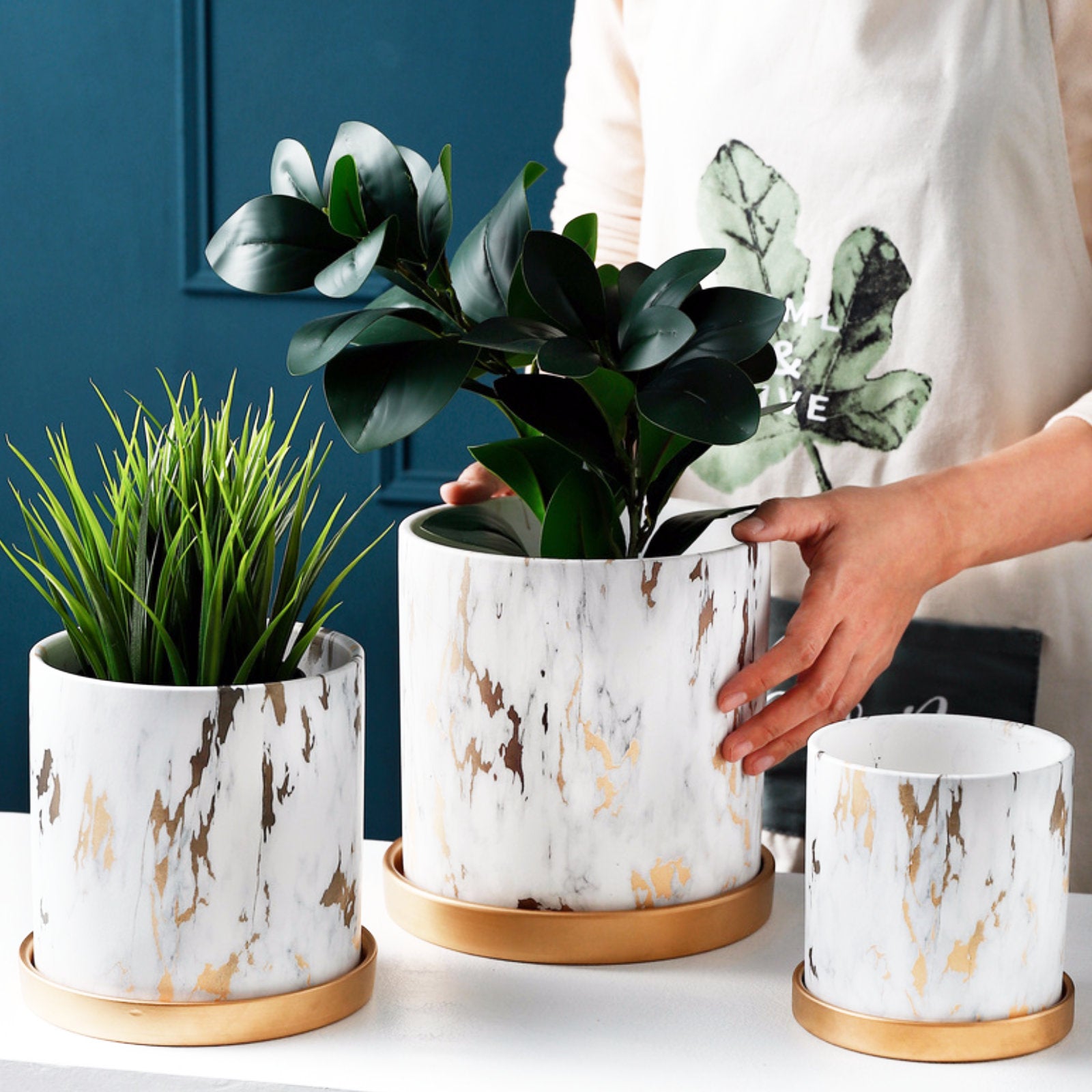 Luxurious Marble-Style Flower Pots with Golden Tray