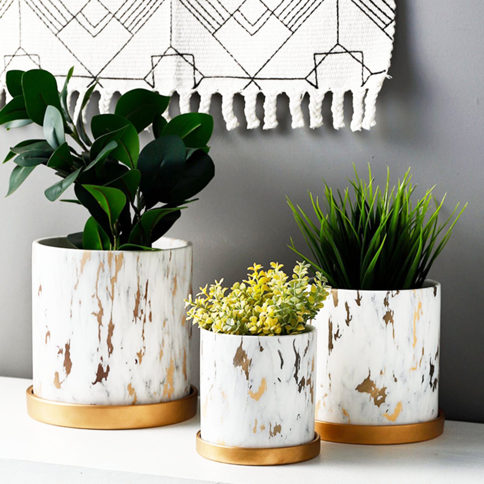 Luxurious Marble-Style Flower Pots with Golden Tray