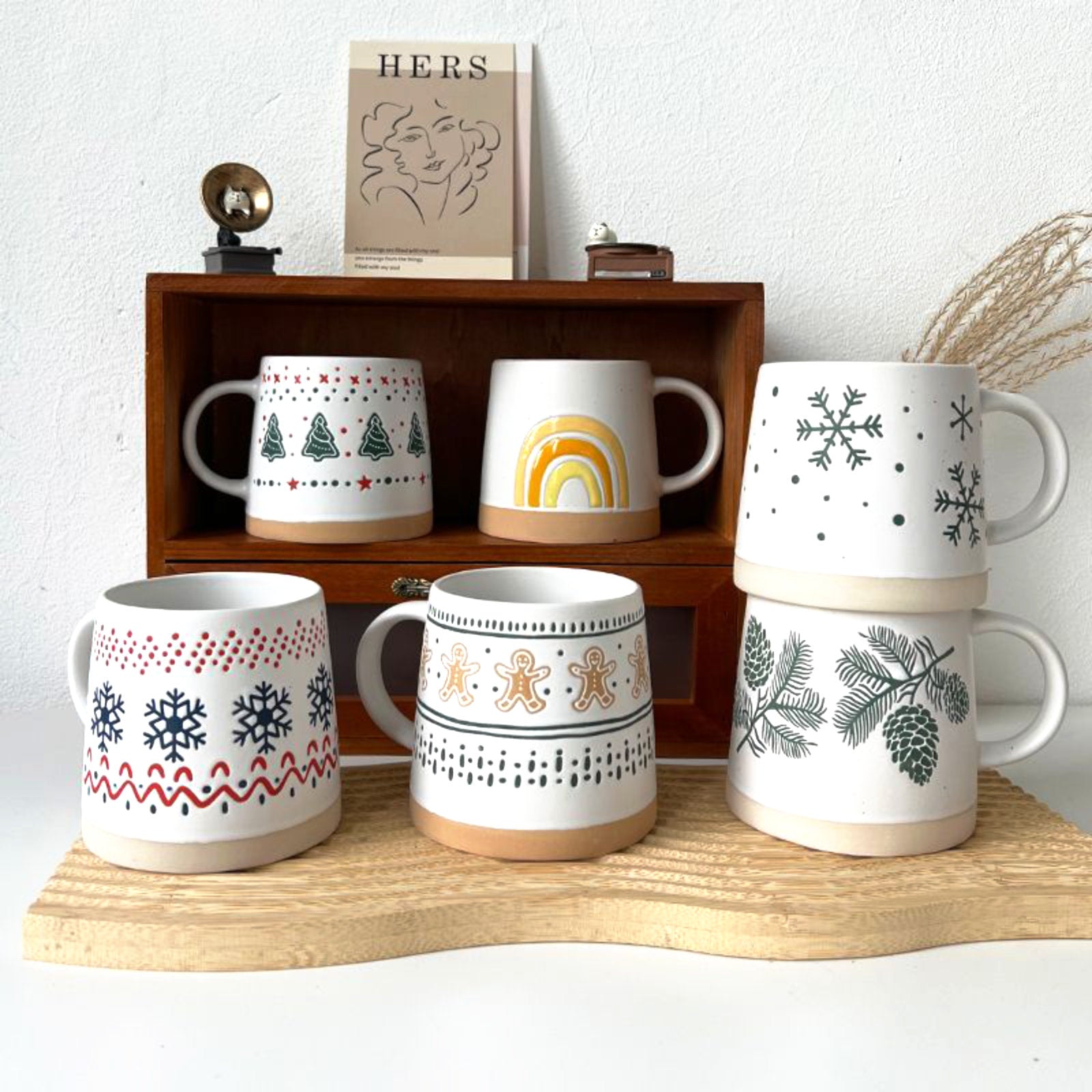 Nordic Christmas Mugs with Gingerbread and Pinecone Patterns