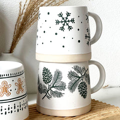 Nordic Christmas Mugs with Gingerbread and Pinecone Patterns