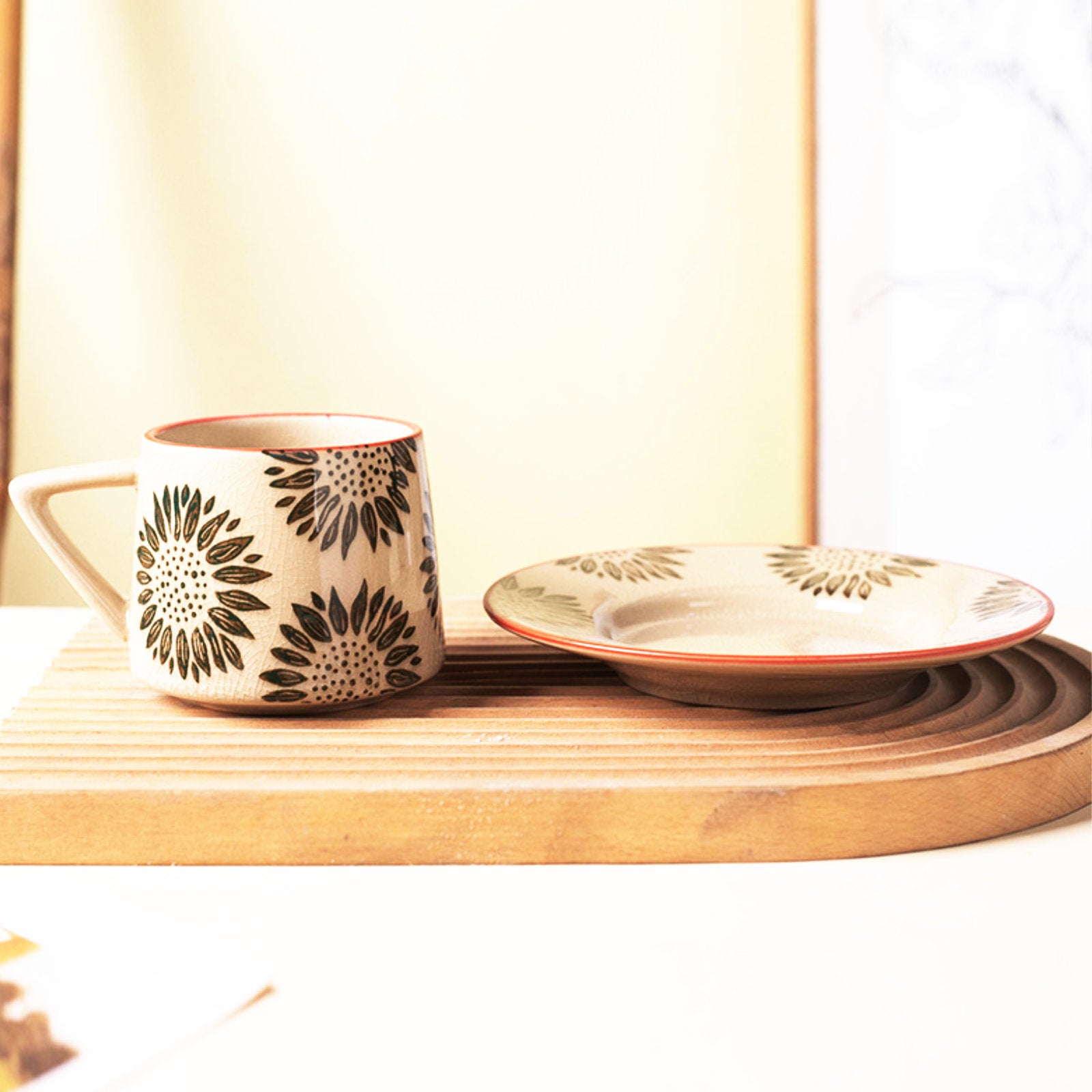 Nordic Crackled Ceramic Mugs with Bright Floral Accents and Dish