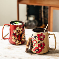 Nordic Floral Mugs with Lid and Spoon for a Cozy Drink Experience