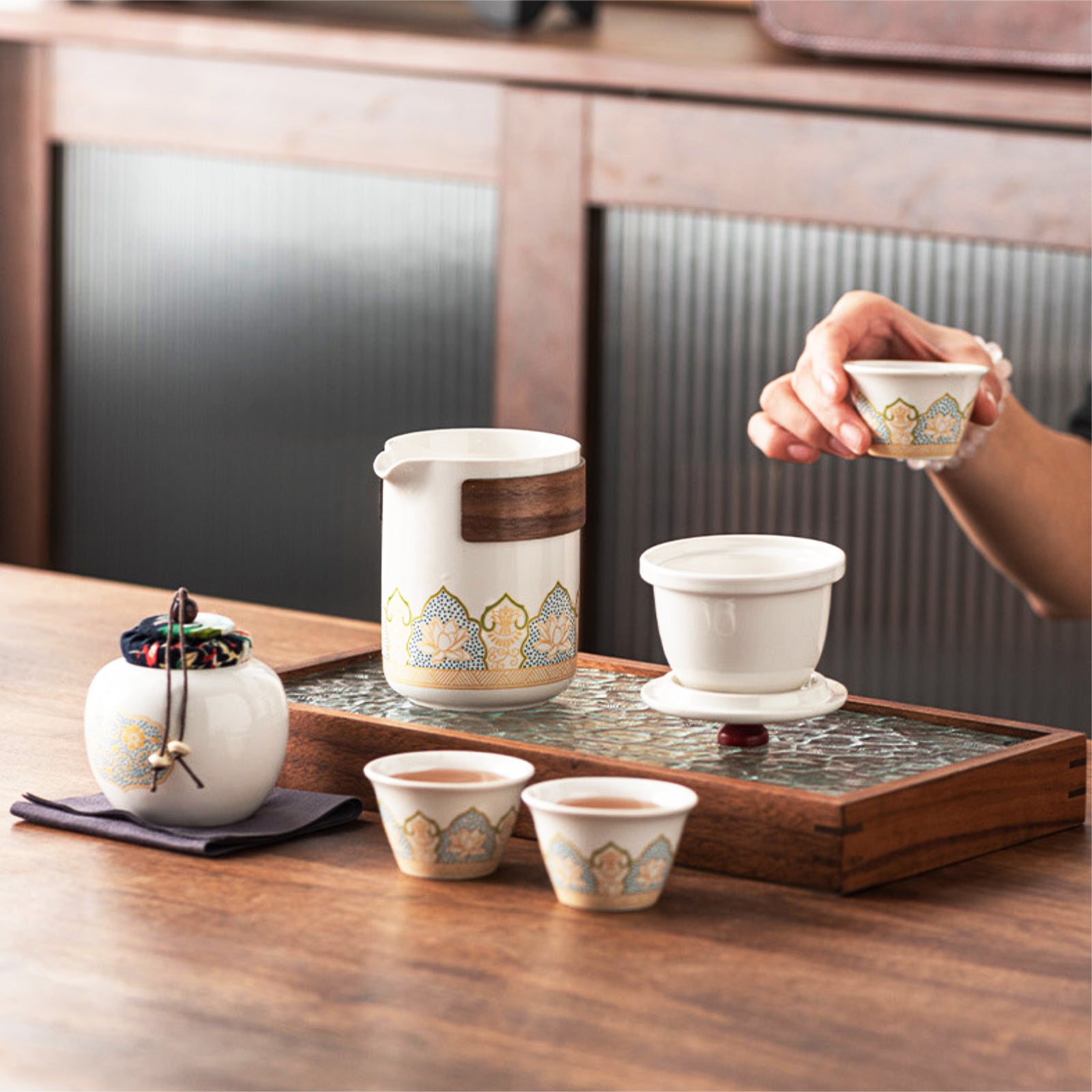 Portable Ceramic Tea Set With Middle-Eastern Motif