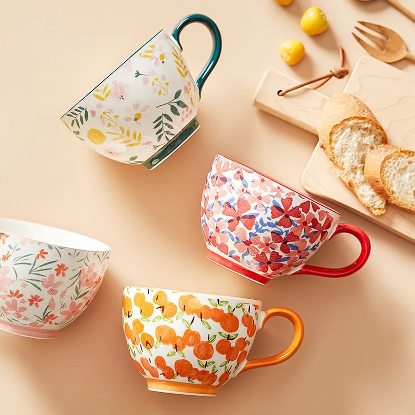 Retro Breakfast Mugs with Hand-Drawn Motifs