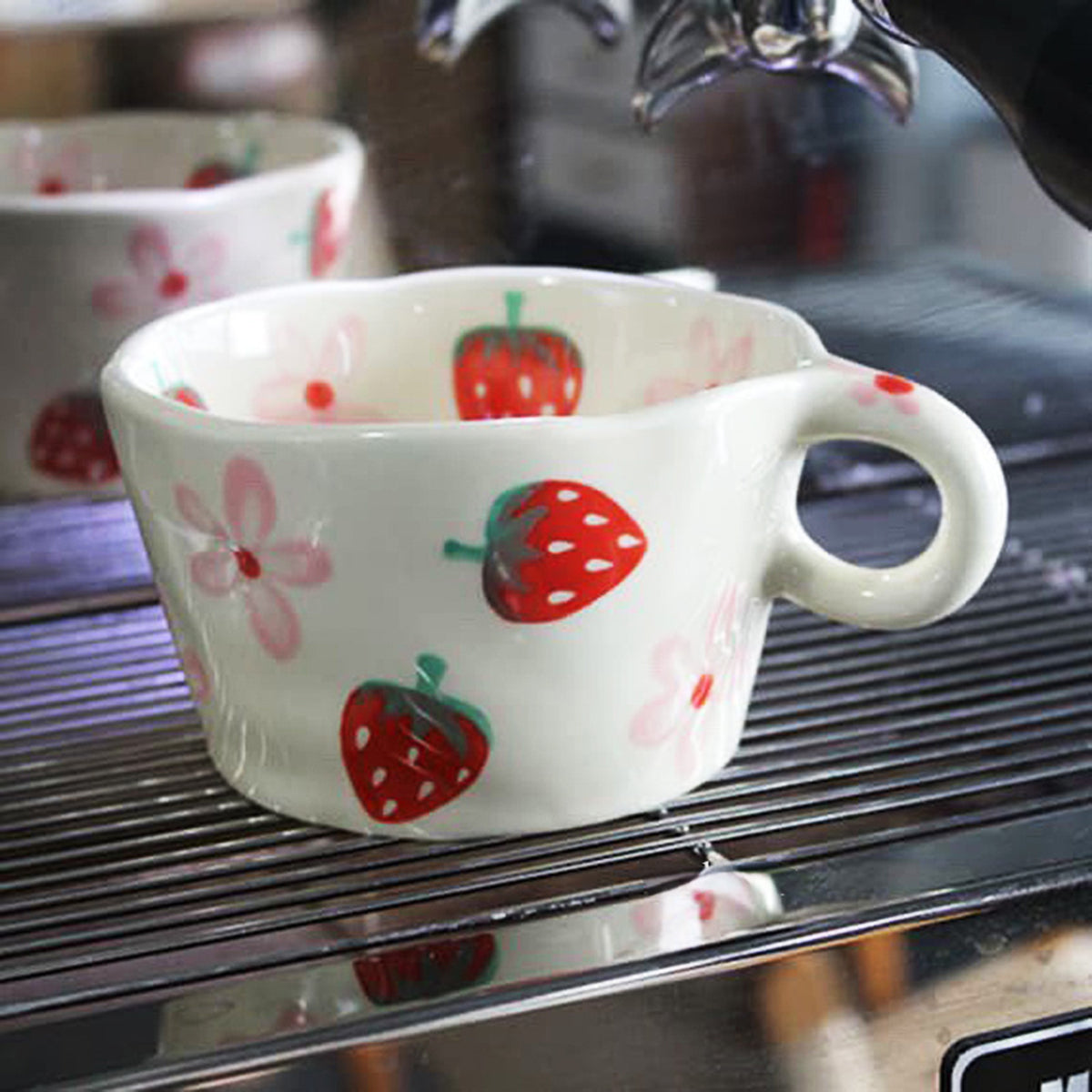 Retro-Inspired Strawberry Patterned Mugs