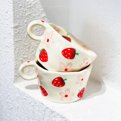 Retro-Inspired Strawberry Patterned Mugs