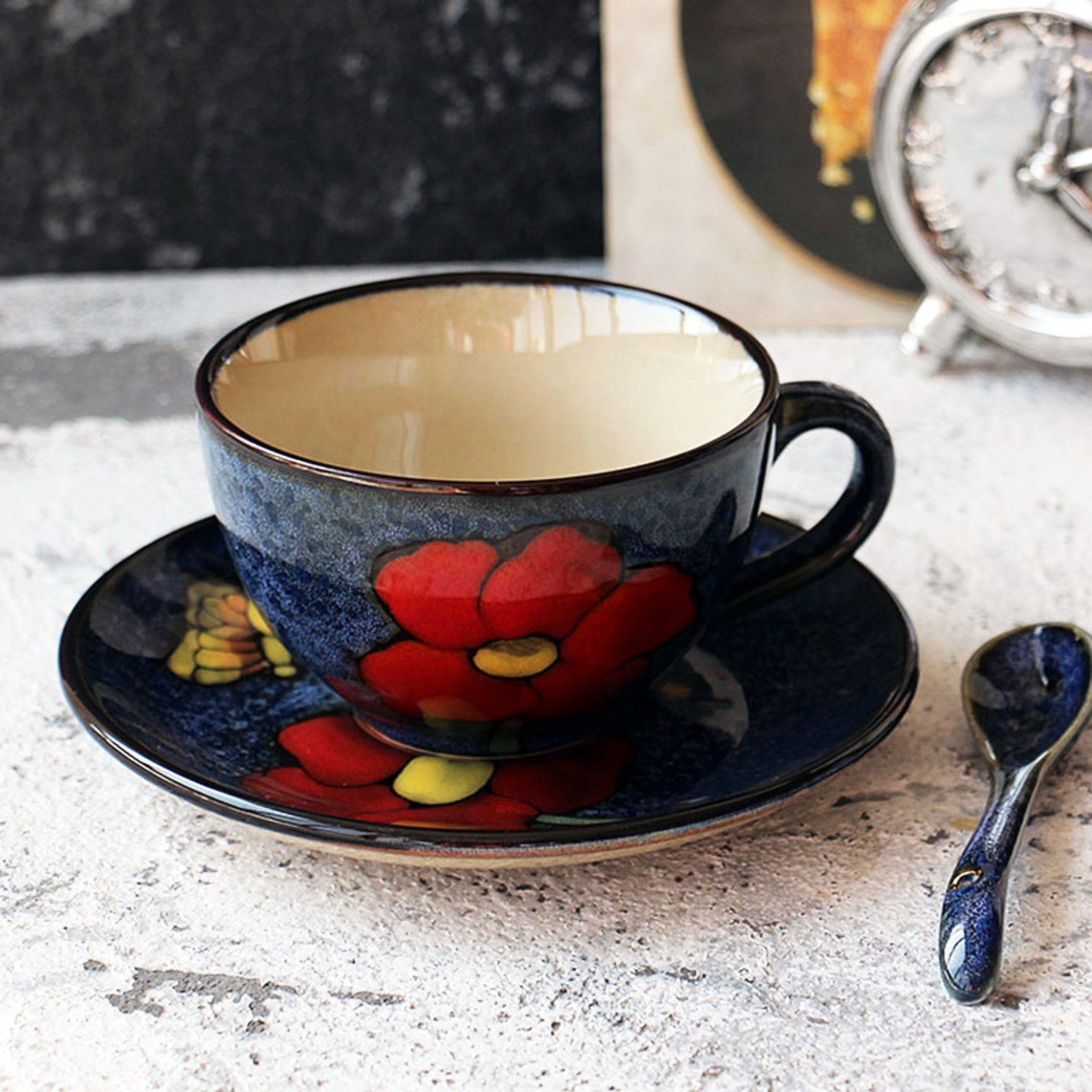 Rustic Flower-Themed Ceramic Tea Cup Set with Textured Finish and Spoon