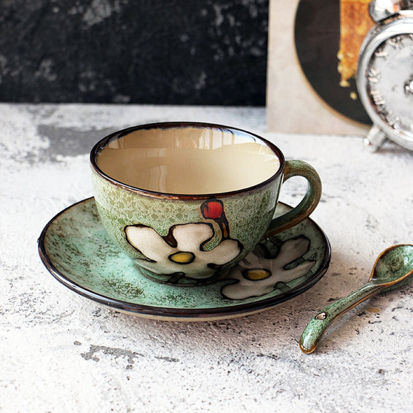 Rustic Flower-Themed Ceramic Tea Cup Set with Textured Finish and Spoon