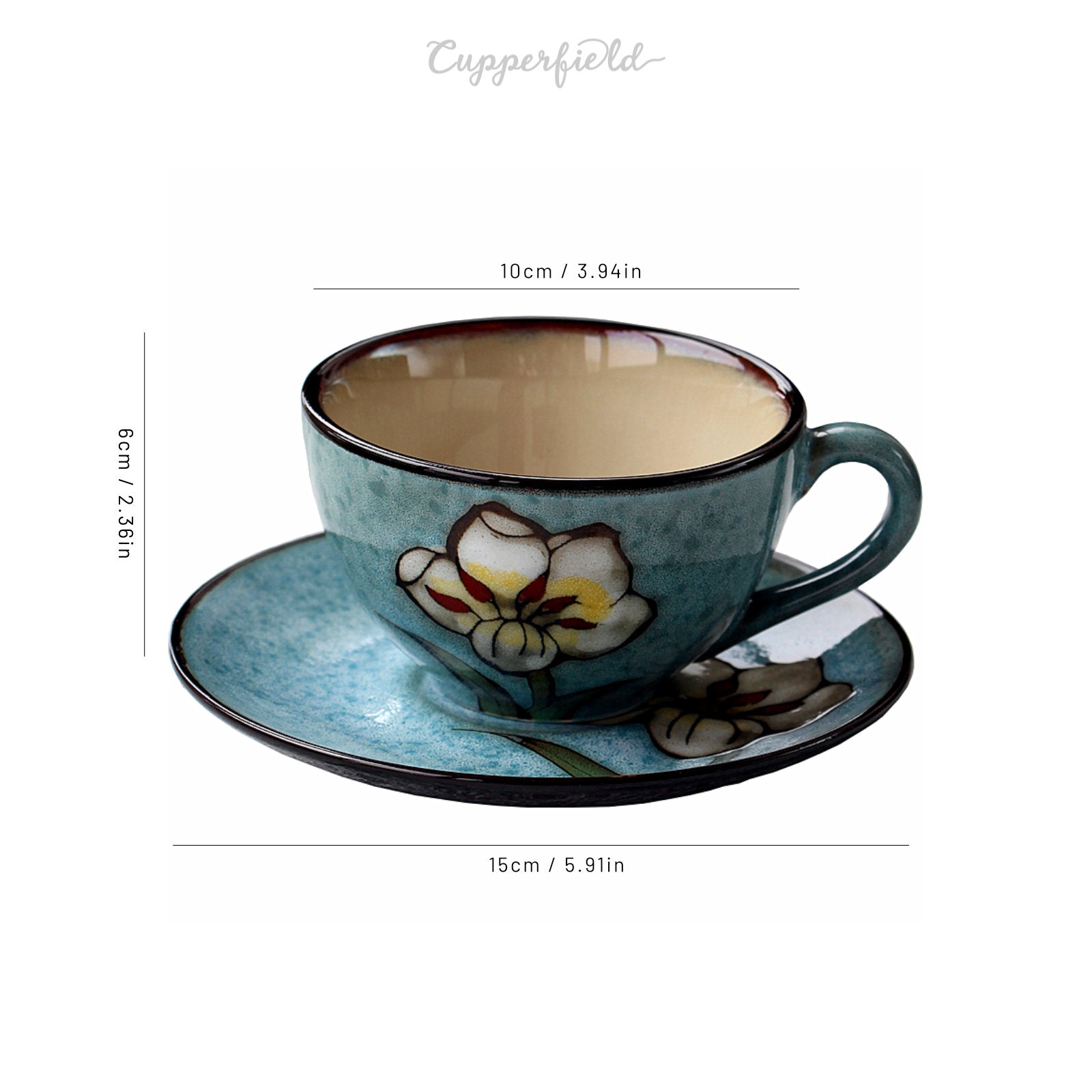 Rustic Flower-Themed Ceramic Tea Cup Set with Textured Finish and Spoon