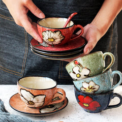 Rustic Flower-Themed Ceramic Tea Cup Set with Textured Finish and Spoon