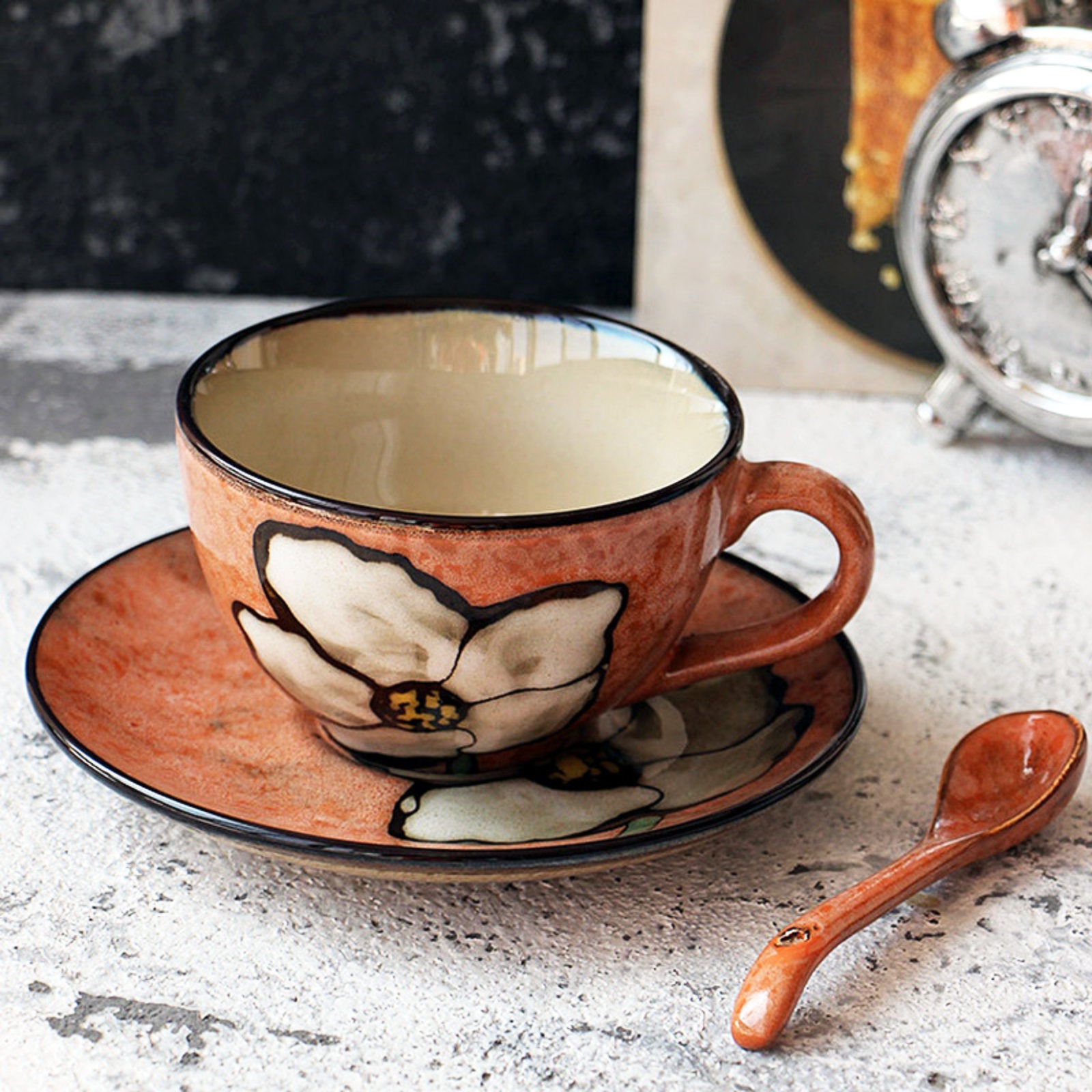 Rustic Flower-Themed Ceramic Tea Cup Set with Textured Finish and Spoon