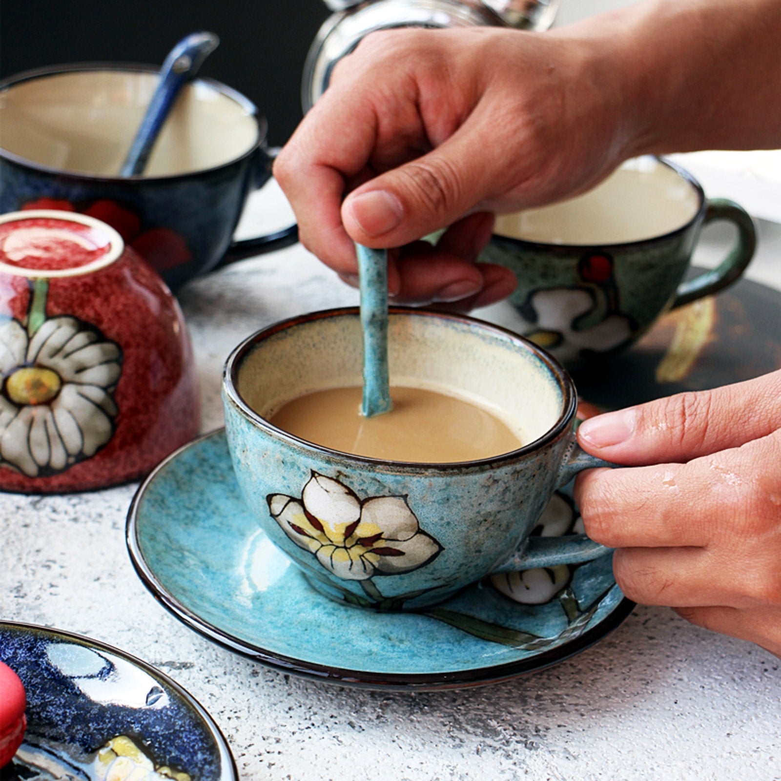 Rustic Flower-Themed Ceramic Tea Cup Set with Textured Finish and Spoon