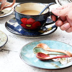 Rustic Flower-Themed Ceramic Tea Cup Set with Textured Finish and Spoon