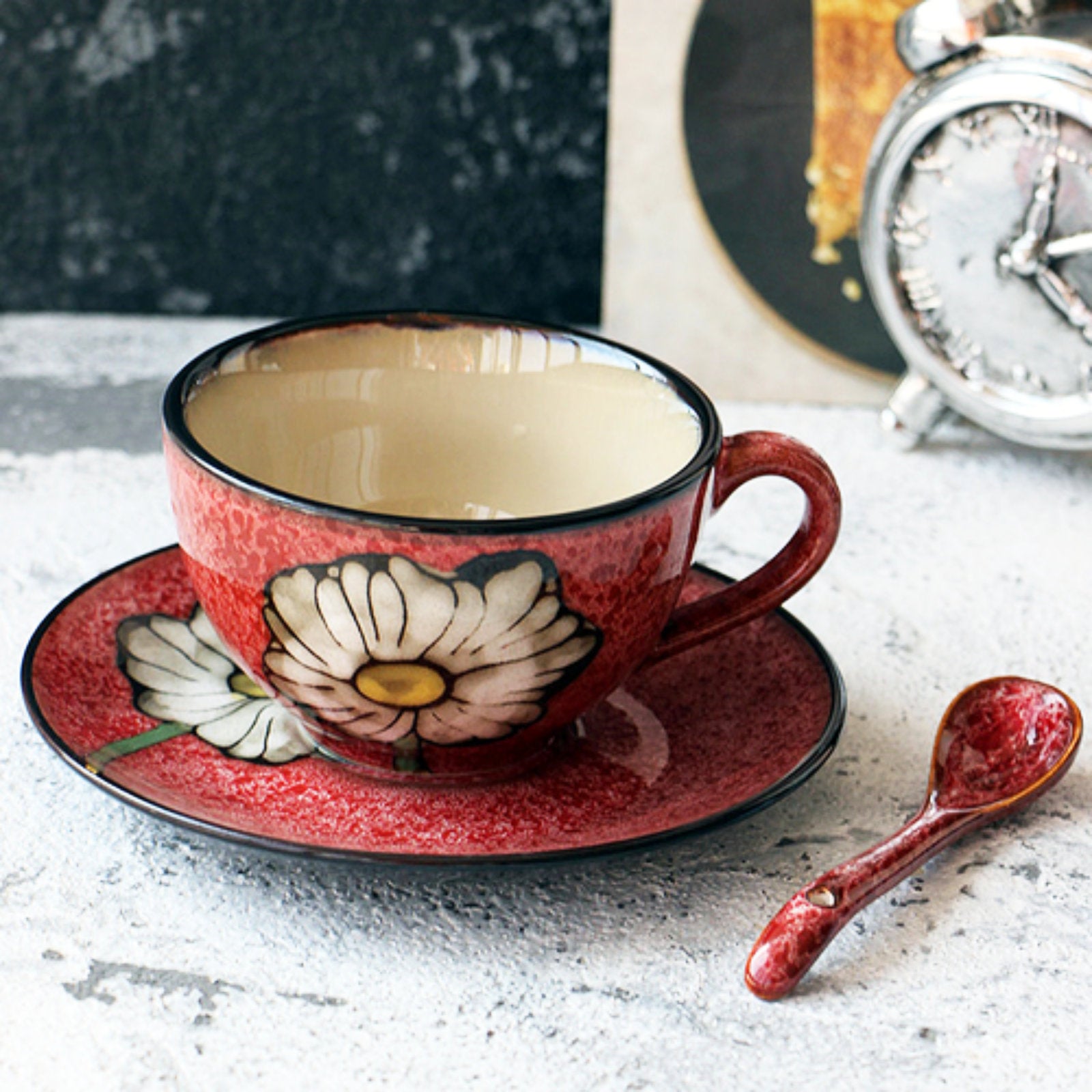 Rustic Flower-Themed Ceramic Tea Cup Set with Textured Finish and Spoon