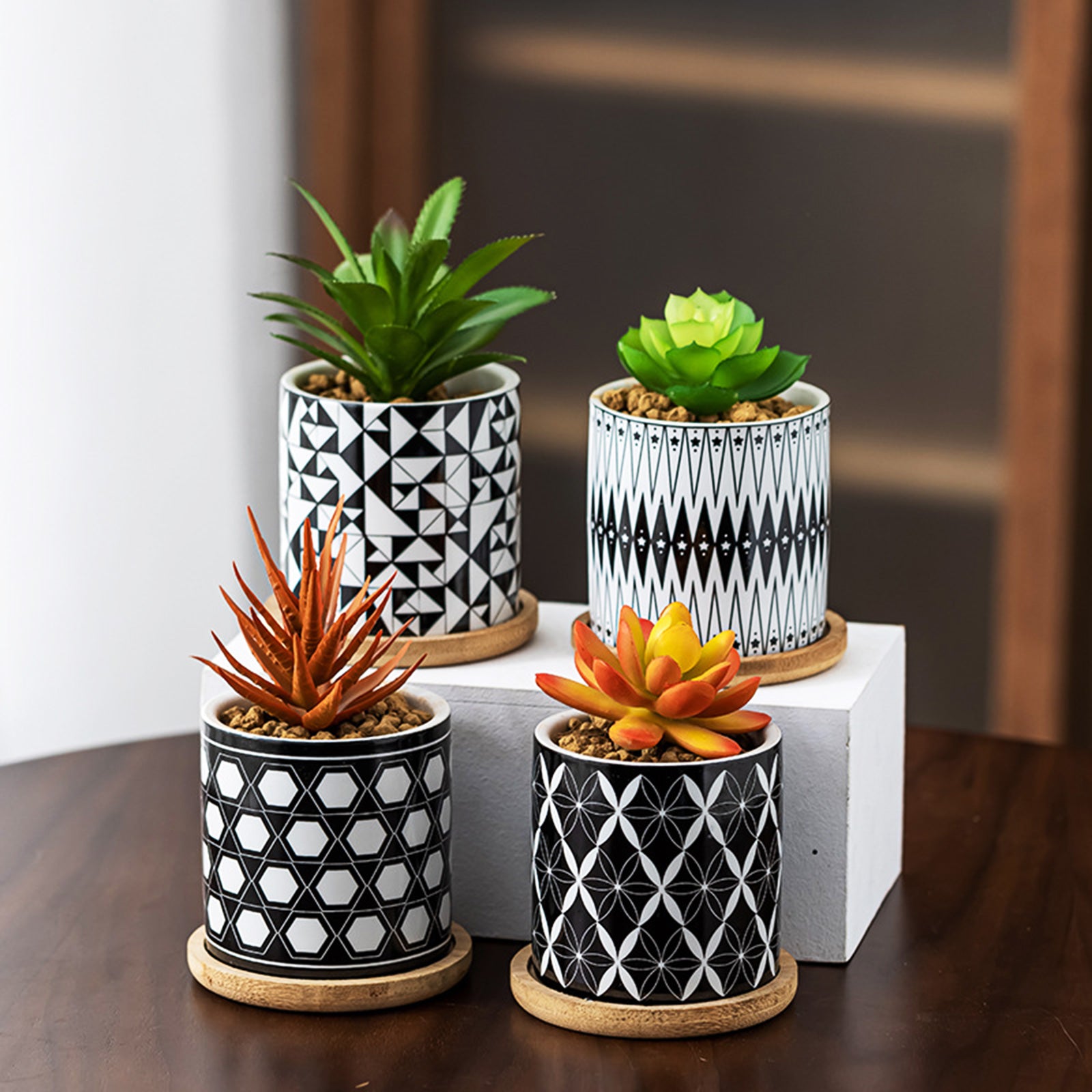 Stylish Flower Pots With Geometric Design And Wooden Tray (8 unique designs)