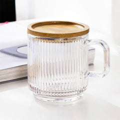 Sturdy Glass Mug With Ribbed Vertical Stripe Pattern and Cute Lid